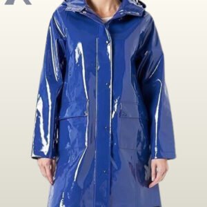 A woman wearing a bright, high-gloss blue vinyl raincoat with an attached hood.