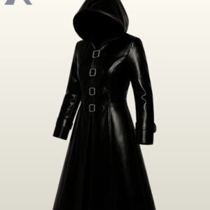 Cyberpunk assassin hooded coat featuring four silver front buckles and an A-line hem.