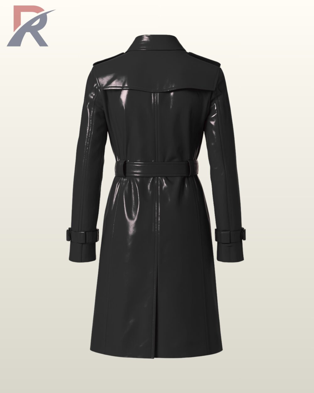 waterproof patent leather trench coats showcasing the black color variants.