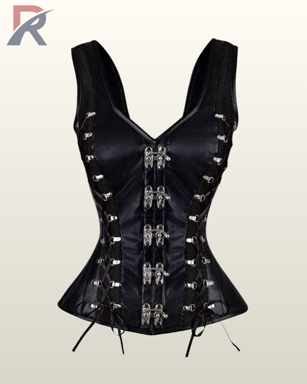 Front product view of an all-black gothic overbust corset vest featuring black mesh waist inserts, silver metal swing clasps, and side lacing.