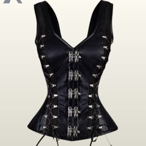 Front product view of an all-black gothic overbust corset vest featuring black mesh waist inserts, silver metal swing clasps, and side lacing.