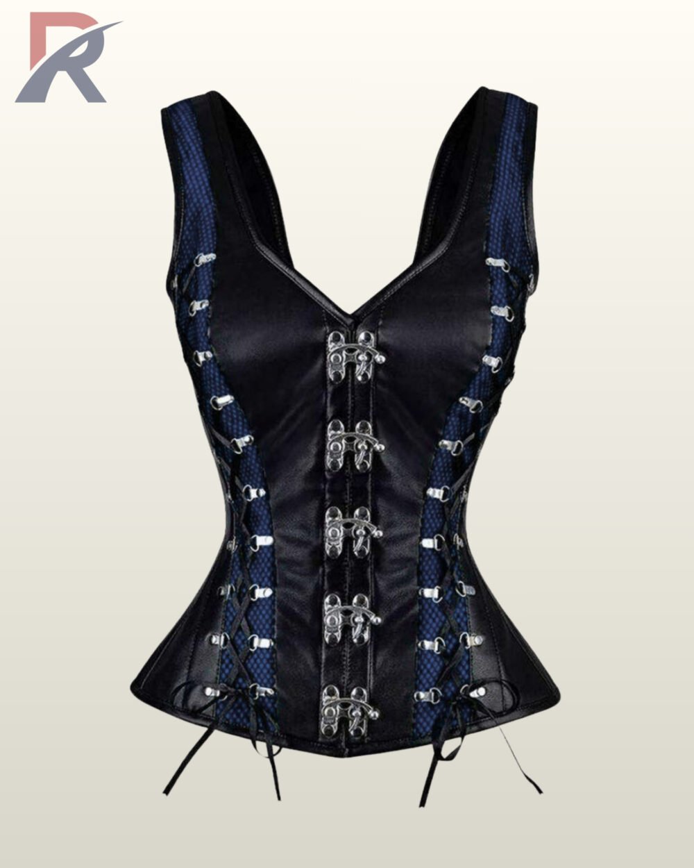 Flat display of a women's gothic blue and black leather corset vest highlighting structured waist shaping, wide shoulder straps, and ribbon lacing.