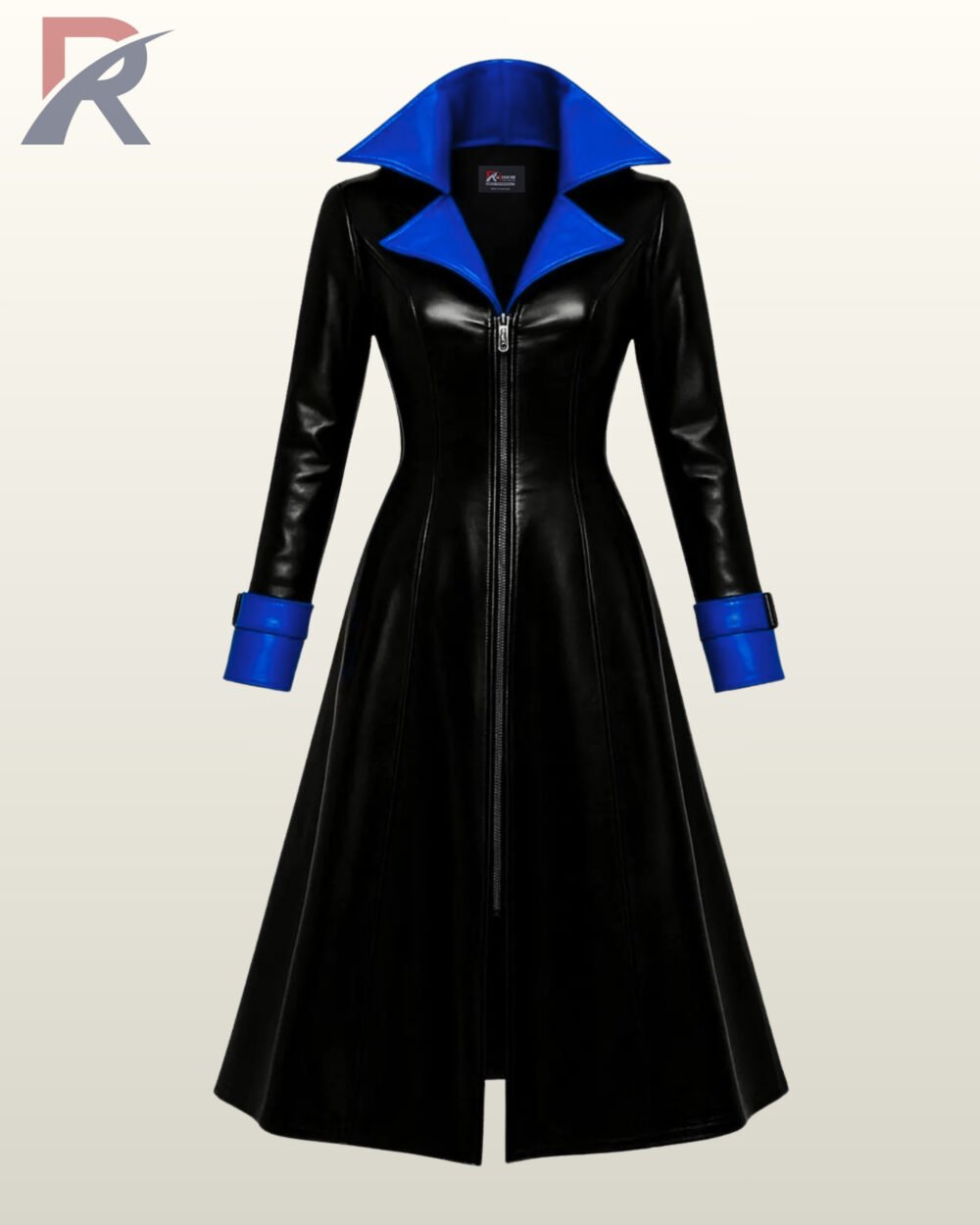Front view of a long black gothic duster jacket with vibrant blue contrast accents on the lapel and sleeves.