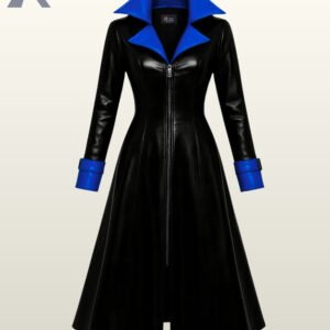 Front view of a long black gothic duster jacket with vibrant blue contrast accents on the lapel and sleeves.