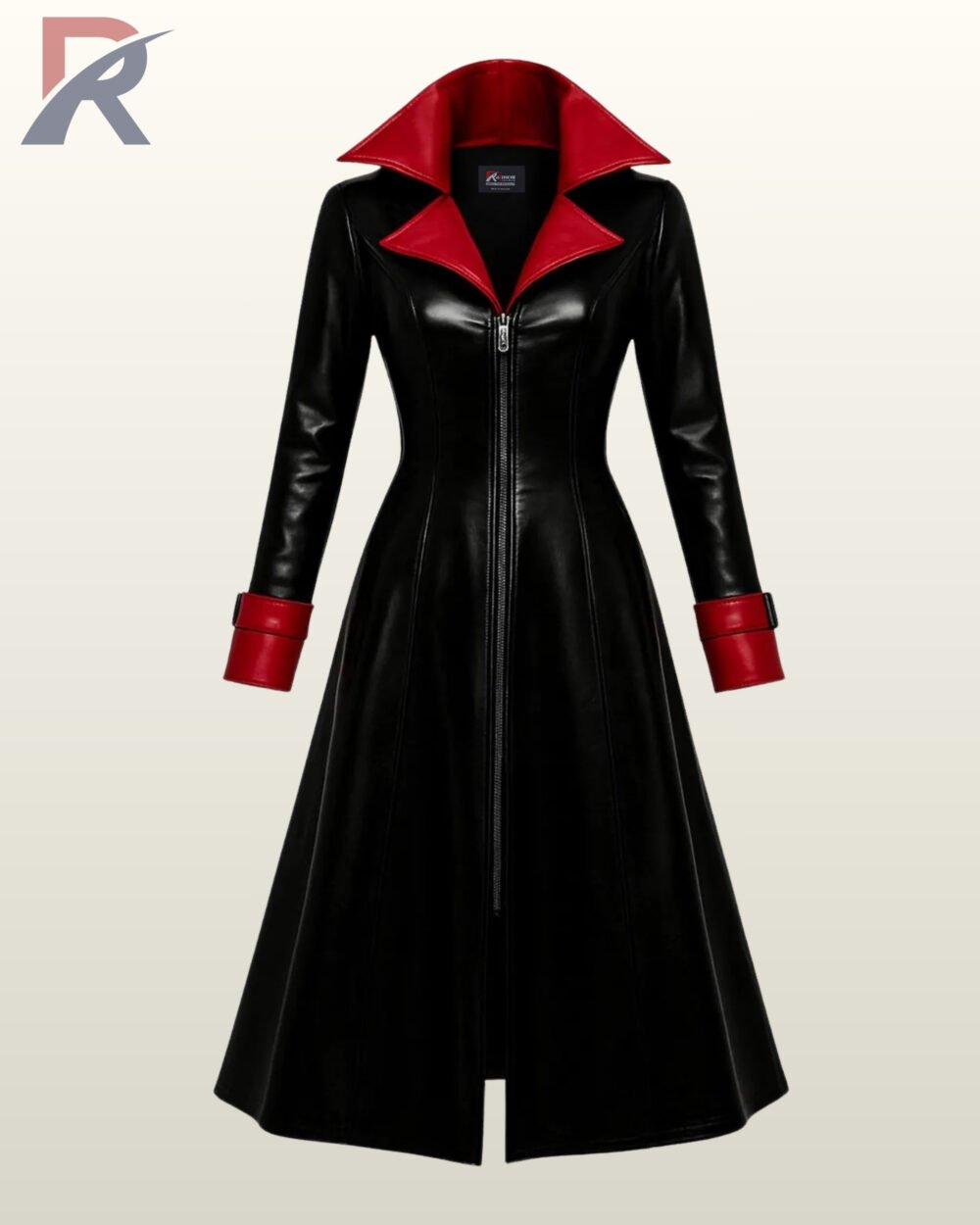 Front view of a long black gothic duster jacket with vibrant red contrast accents on the lapel and sleeves.