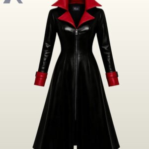 Front view of a long black gothic duster jacket with vibrant red contrast accents on the lapel and sleeves.