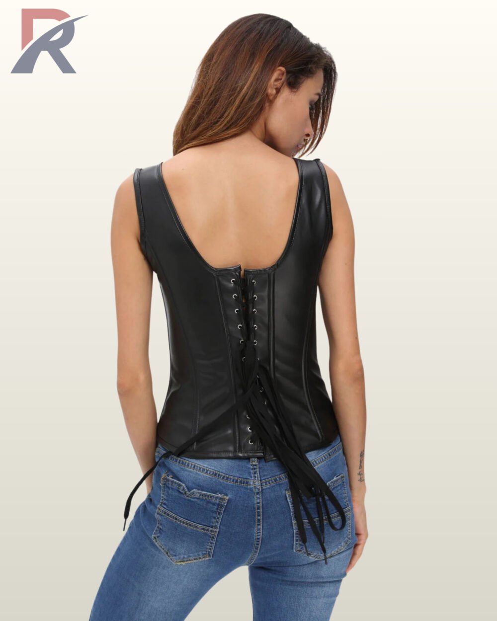 Rear view of a model wearing a black faux leather overbust corset vest showing full-length back lace-up closure with thick black cord strings.