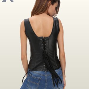 Rear view of a model wearing a black faux leather overbust corset vest showing full-length back lace-up closure with thick black cord strings.