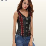 Front view of a model wearing a black faux leather overbust corset vest with red mesh side panels, silver swing metal clasps, and front ribbon lacing.