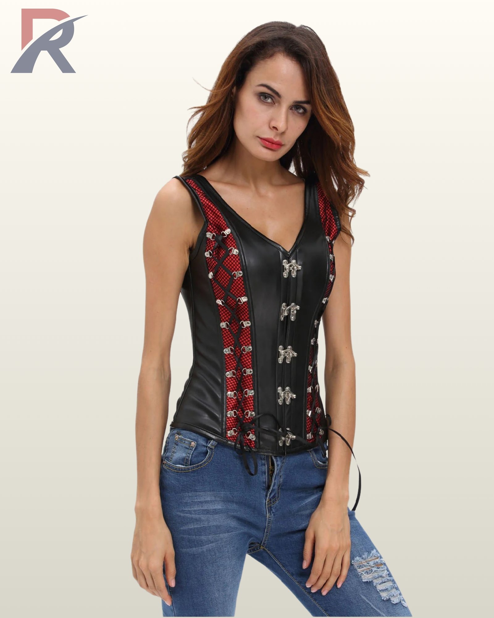 Front view of a model wearing a black faux leather overbust corset vest with red mesh side panels, silver swing metal clasps, and front ribbon lacing.