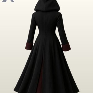 Full rear view of a long black hooded gothic coat displaying burgundy wool folded cuffs, fitted back waist seams, and a pleated skirt split.