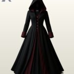 Front view of a women's black gothic hooded trench coat featuring contrasting burgundy red wool, folded cuffs, and a buttoned front vest inset.