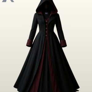 Front view of a women's black gothic hooded trench coat featuring contrasting burgundy red wool, folded cuffs, and a buttoned front vest inset.
