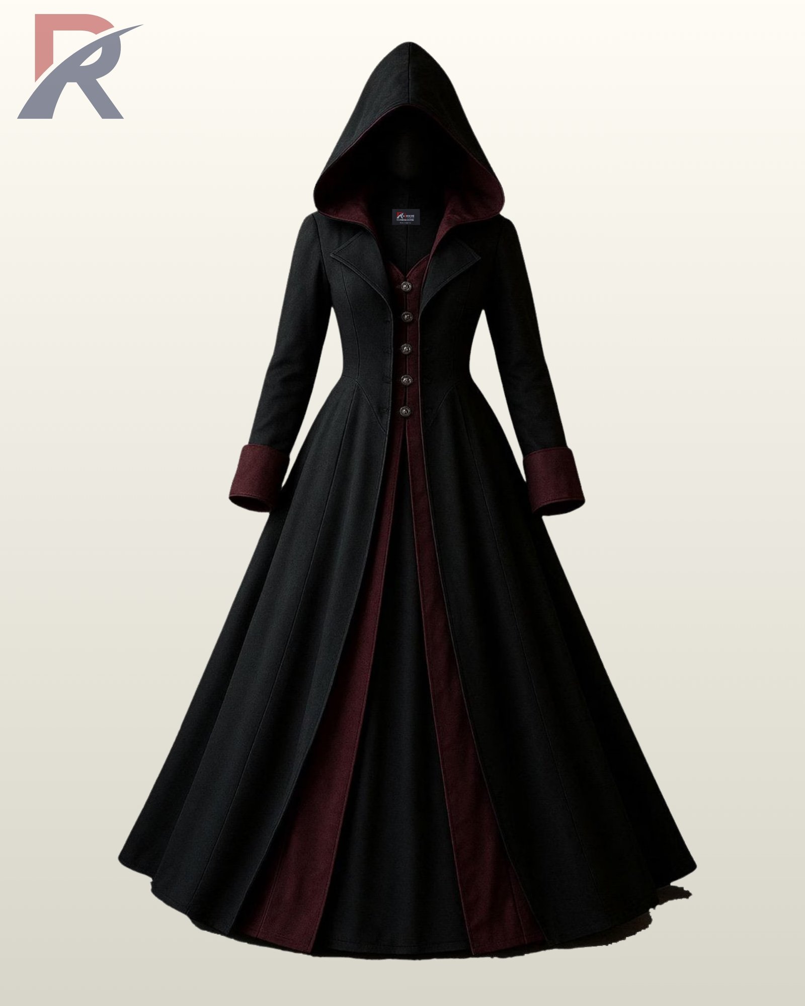 Front view of a women's black gothic hooded trench coat featuring contrasting burgundy red wool, folded cuffs, and a buttoned front vest inset.