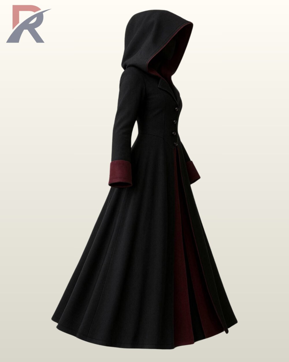 Side perspective of a women's gothic victorian cloak jacket showing dark red wool cuffs and flowing flared skirt drape.