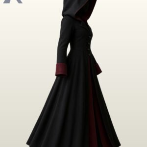 Side perspective of a women's gothic victorian cloak jacket showing dark red wool cuffs and flowing flared skirt drape.