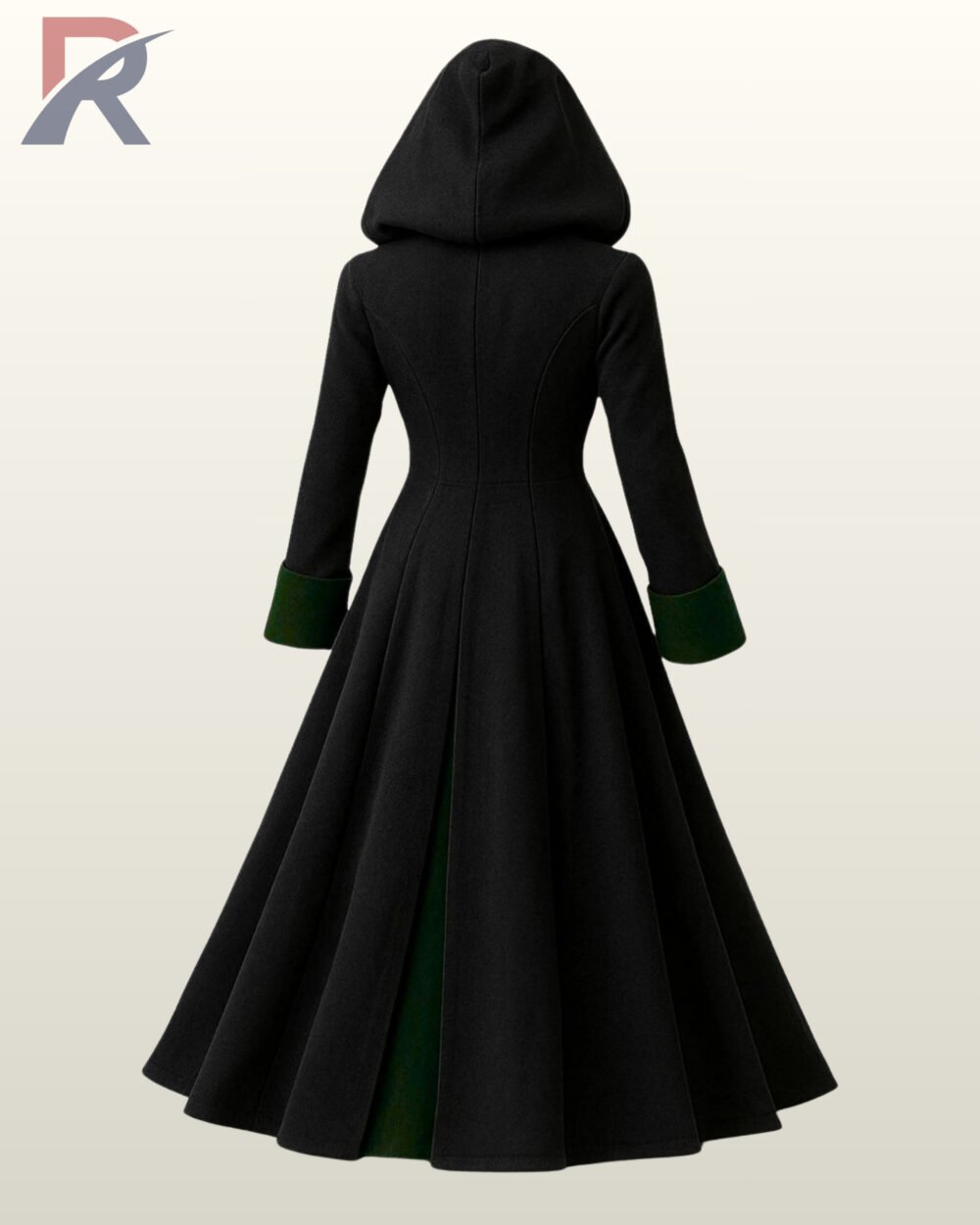 Full rear view of a long black hooded gothic overcoat showing emerald green wool cuff trim and fitted waist seam construction.