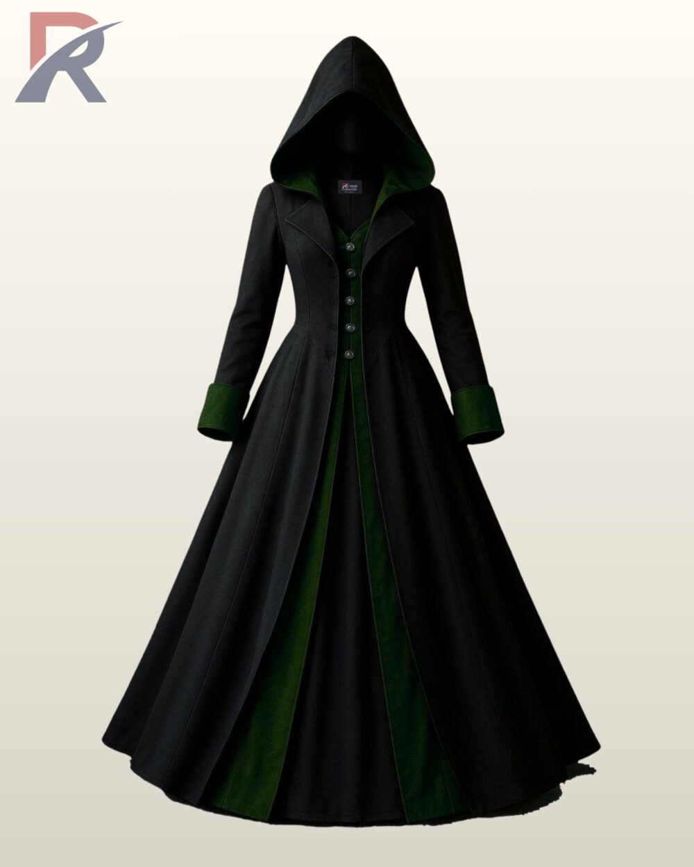 Front view of a women's black gothic hooded trench coat highlighting vibrant emerald green wool, lapels, and folded sleeve cuffs.