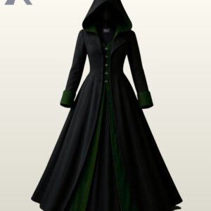 Front view of a women's black gothic hooded trench coat highlighting vibrant emerald green wool, lapels, and folded sleeve cuffs.