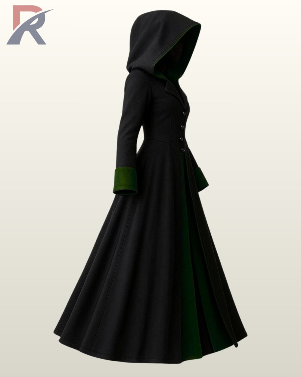 Side perspective of a women's gothic fantasy coat displaying forest green wool inner hood contrast and flowing floor-length hemline.