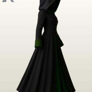 Side perspective of a women's gothic fantasy coat displaying forest green wool inner hood contrast and flowing floor-length hemline.