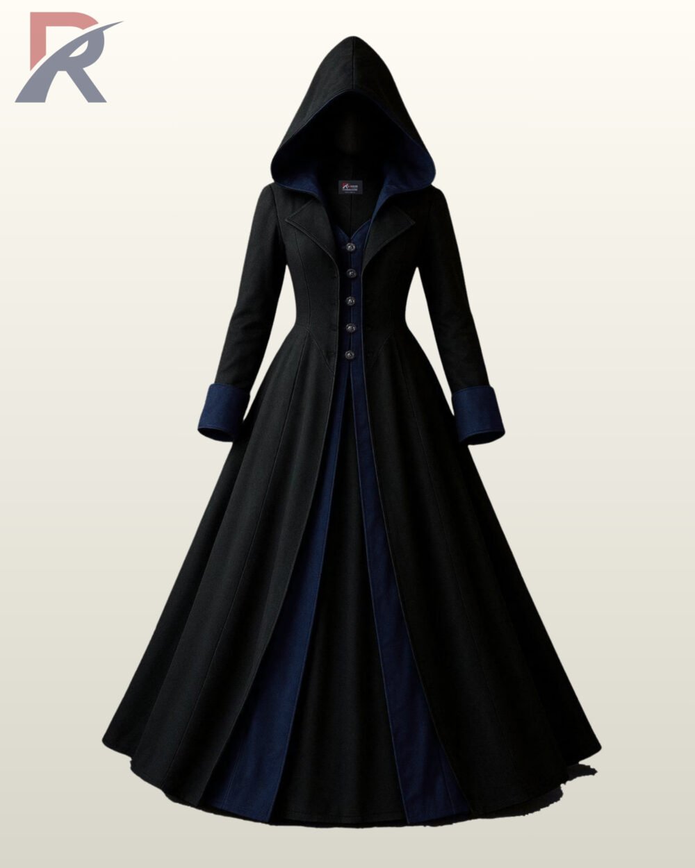 Front view of a women's black gothic hooded trench coat featuring deep midnight navy blue, turn-back cuffs, and front vest detailing.