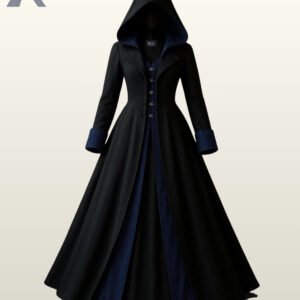 Front view of a women's black gothic hooded trench coat featuring deep midnight navy blue, turn-back cuffs, and front vest detailing.