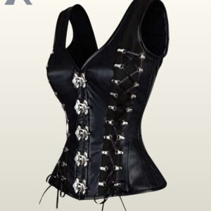 Three-quarter angled view of an all-black faux leather overbust corset vest with black mesh side panels, silver metal swing clasps, and black ribbon lacing.