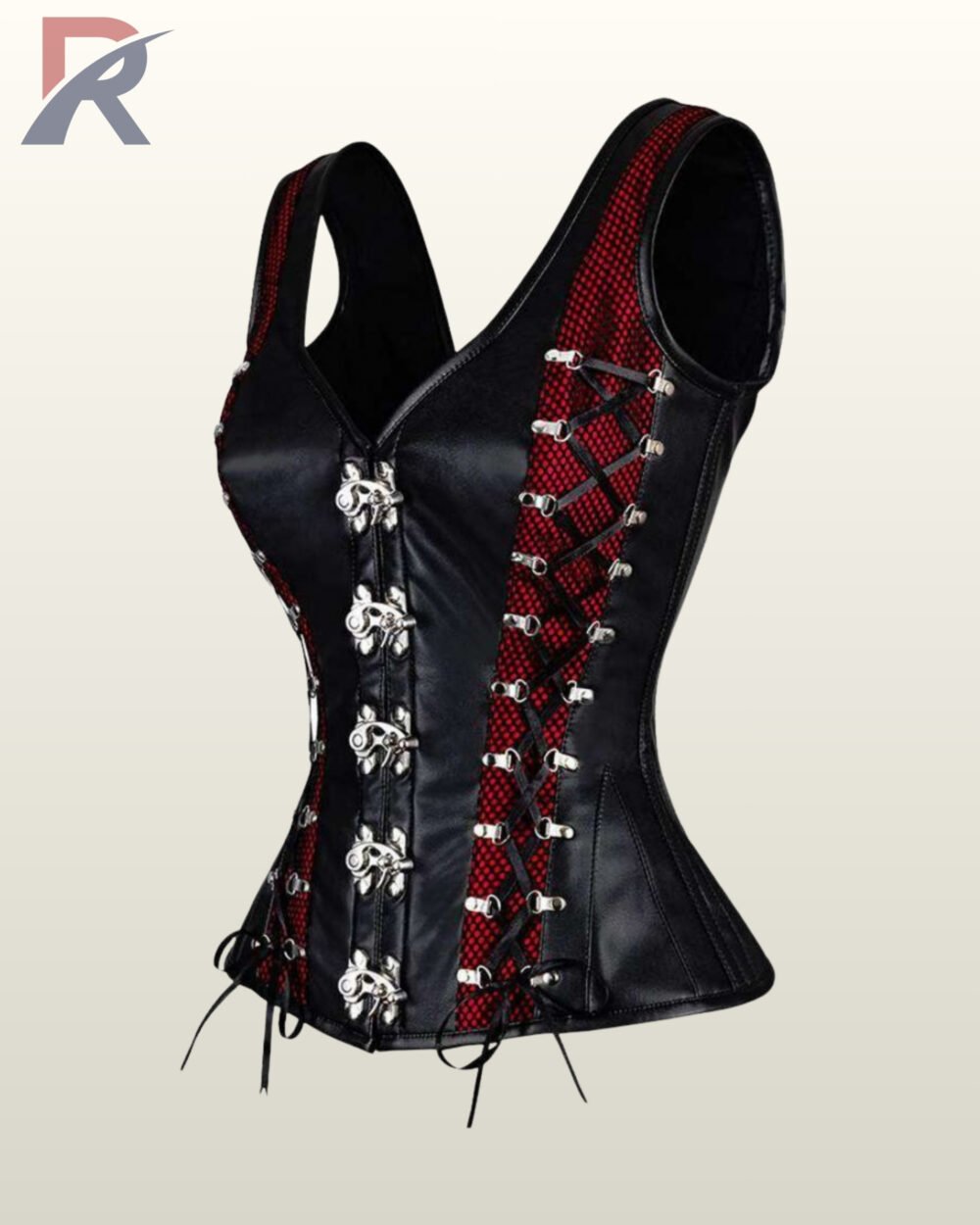 Three-quarter angled view of a black faux leather overbust corset vest featuring red mesh side panels, silver metal swing hook closures, and side lacing.