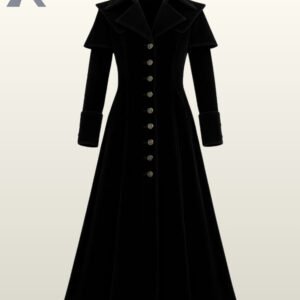 Luxury black velvet evening maxi coat with wide notched lapels.
