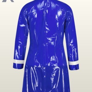 Premium liquid-look rain mac in vibrant blue with bold white contrast paneling.