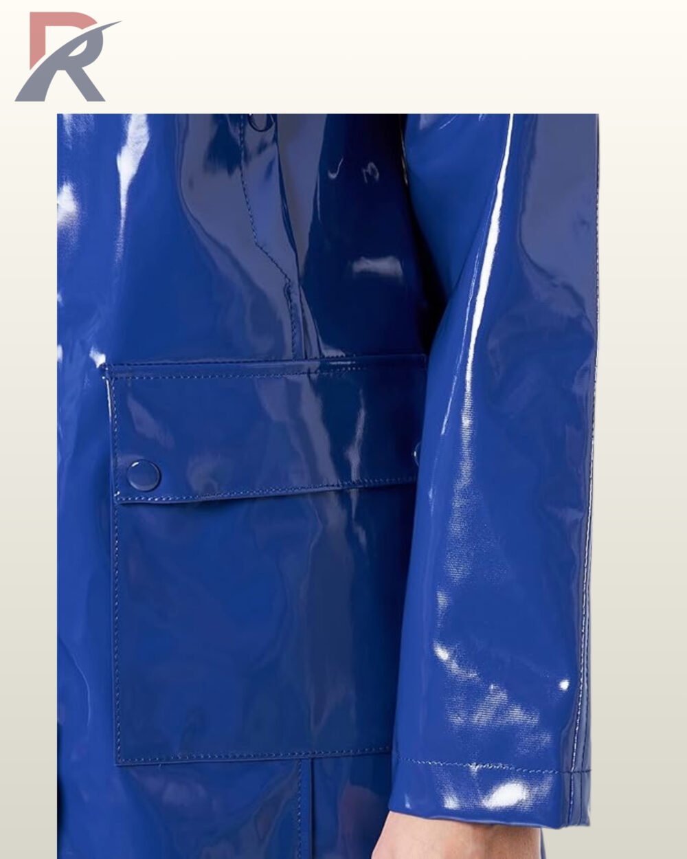 Premium glossy patent PVC rain coat in deep blue featuring front pockets.