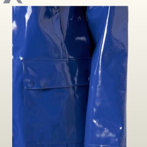 Premium glossy patent PVC rain coat in deep blue featuring front pockets.