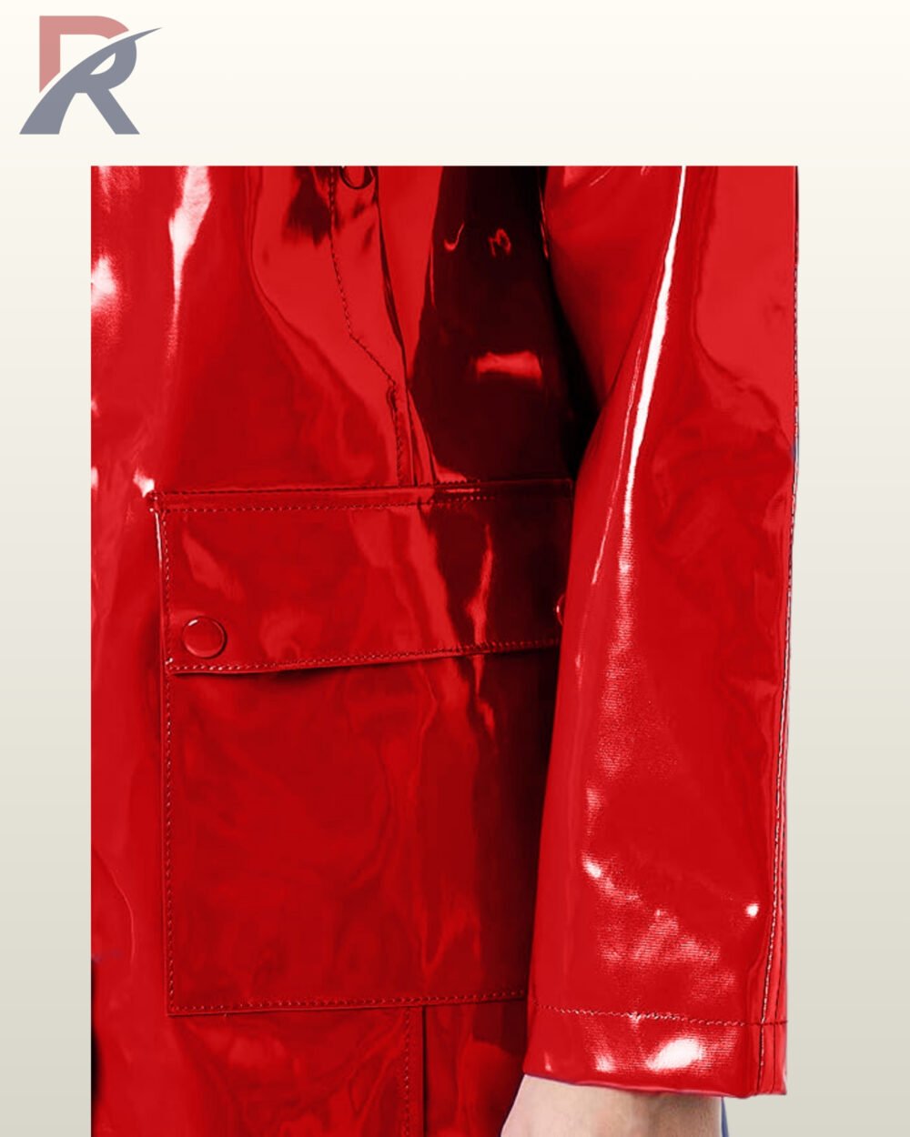 Premium liquid-look hooded rain mac coat in bright red with front button closures.