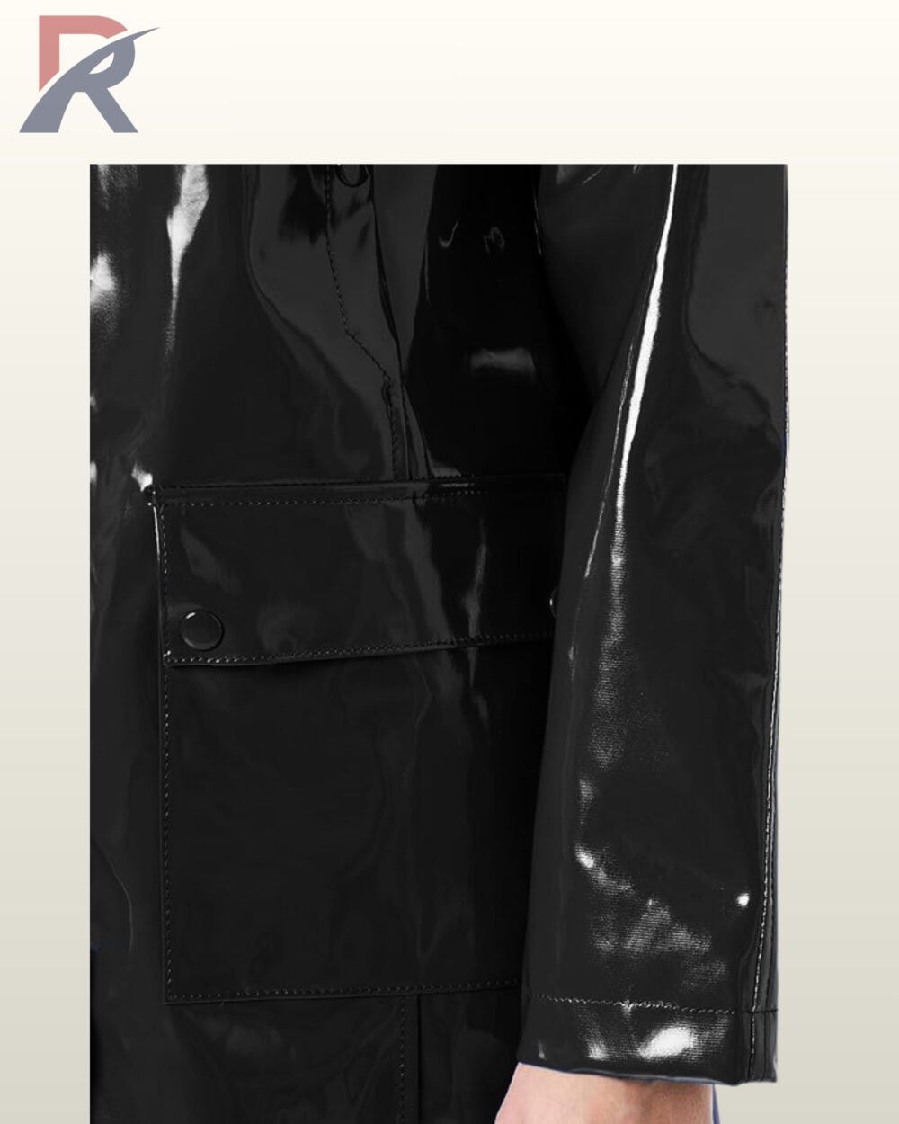 Premium liquid-look hooded rain mac coat in black with large front pockets.