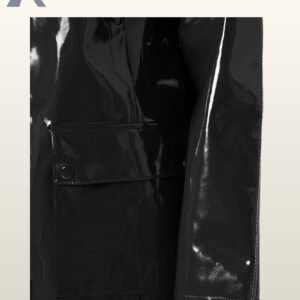 Premium liquid-look hooded rain mac coat in black with large front pockets.