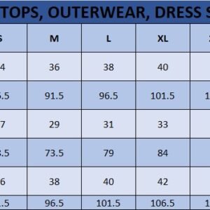 Sizing guide table graphic for women's tops, outerwear, and dresses listing sizes XXS to 5XL with bust, waist, and hip measurements in inches and centimeters.
