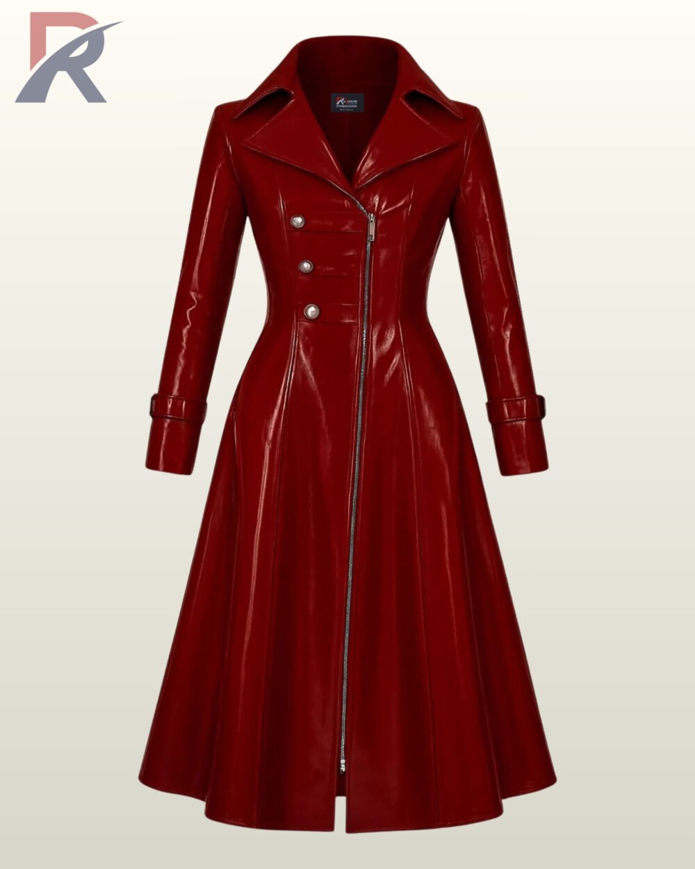 Gothic burgundy PVC flared dress coat with an asymmetric zip closure and a wide-set collar.