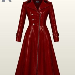 Gothic burgundy PVC flared dress coat with an asymmetric zip closure and a wide-set collar.