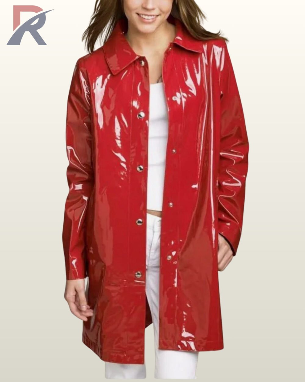 Shiny red PVC raincoat jacket with button-down front and structured collar.