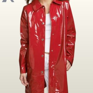 Shiny red PVC raincoat jacket with button-down front and structured collar.
