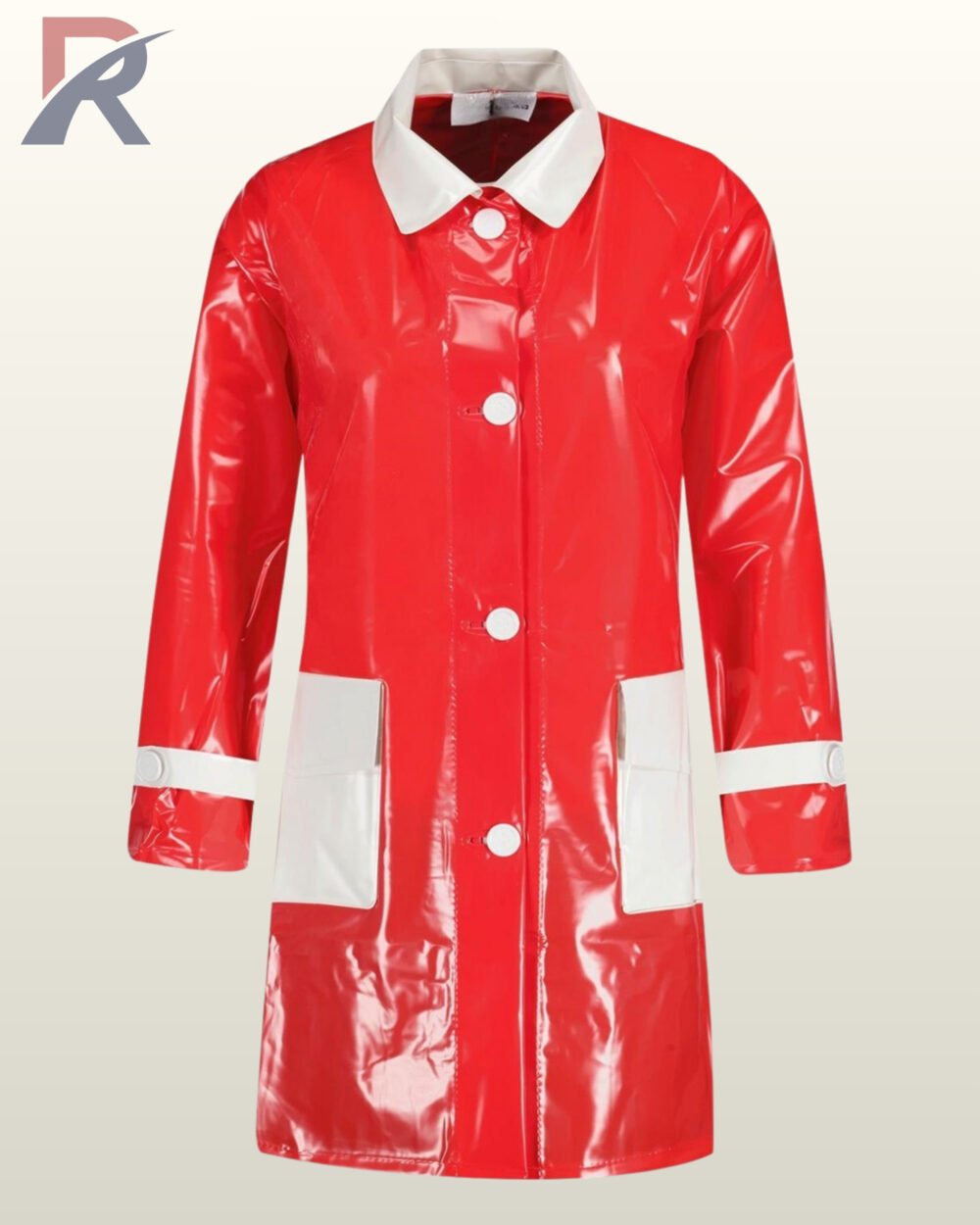 Front view of a shiny bright red patent rain jacket with distinct white pocket flaps and sleeve cuffs.