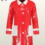 Front view of a shiny bright red patent rain jacket with distinct white pocket flaps and sleeve cuffs.
