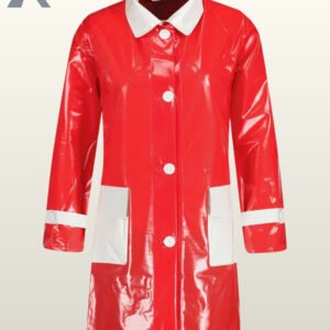 Front view of a shiny bright red patent rain jacket with distinct white pocket flaps and sleeve cuffs.