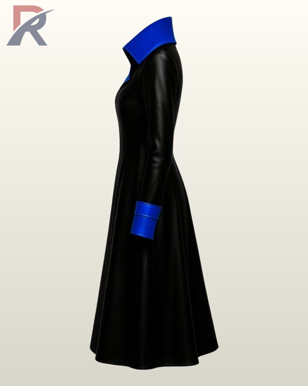 Stylish matrix style black PU leather long coat with a front zipper closure and contrasting blue trim.