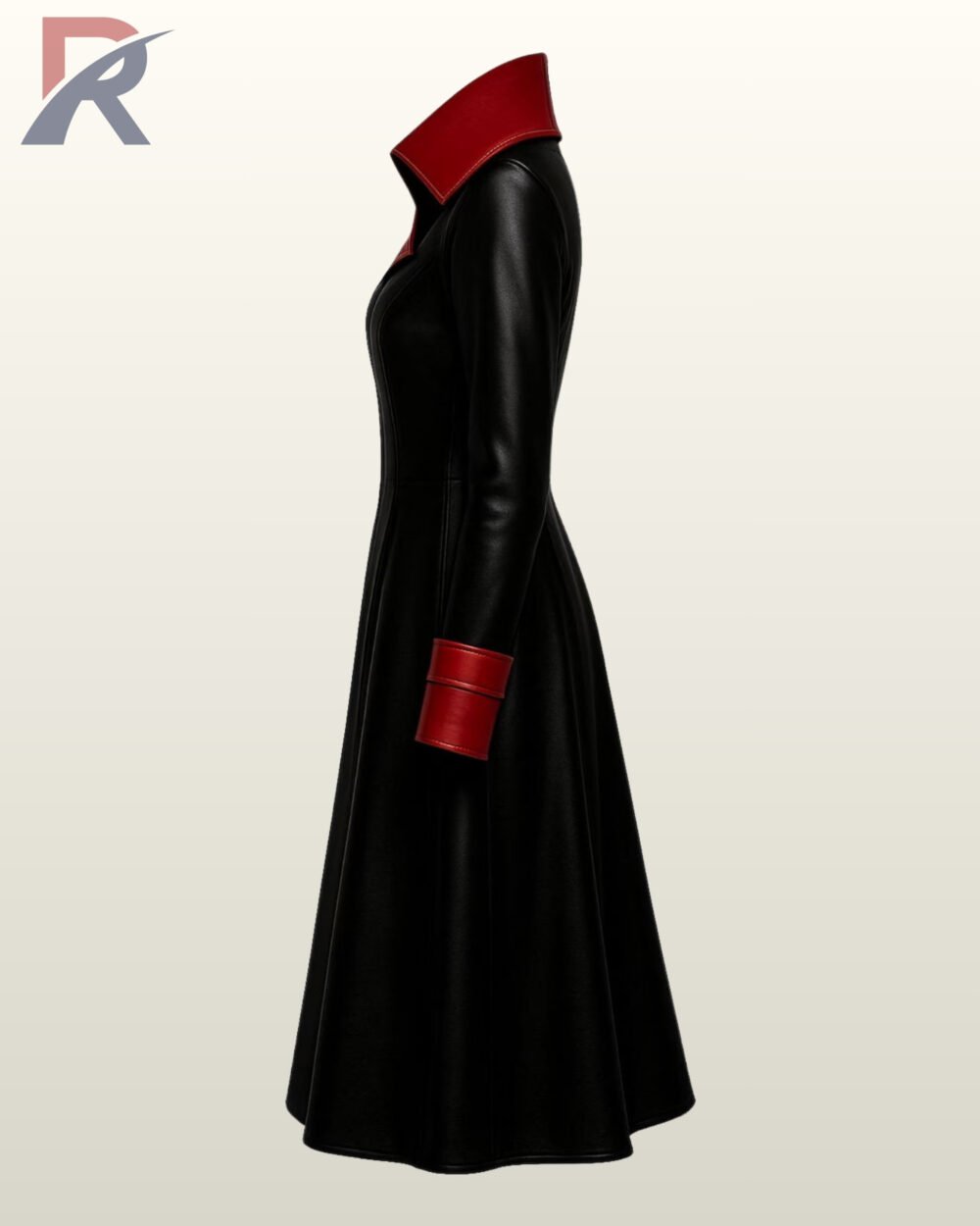 Alternative fashion black leather trench coat with an asymmetric high collar and wide red folded cuffs.