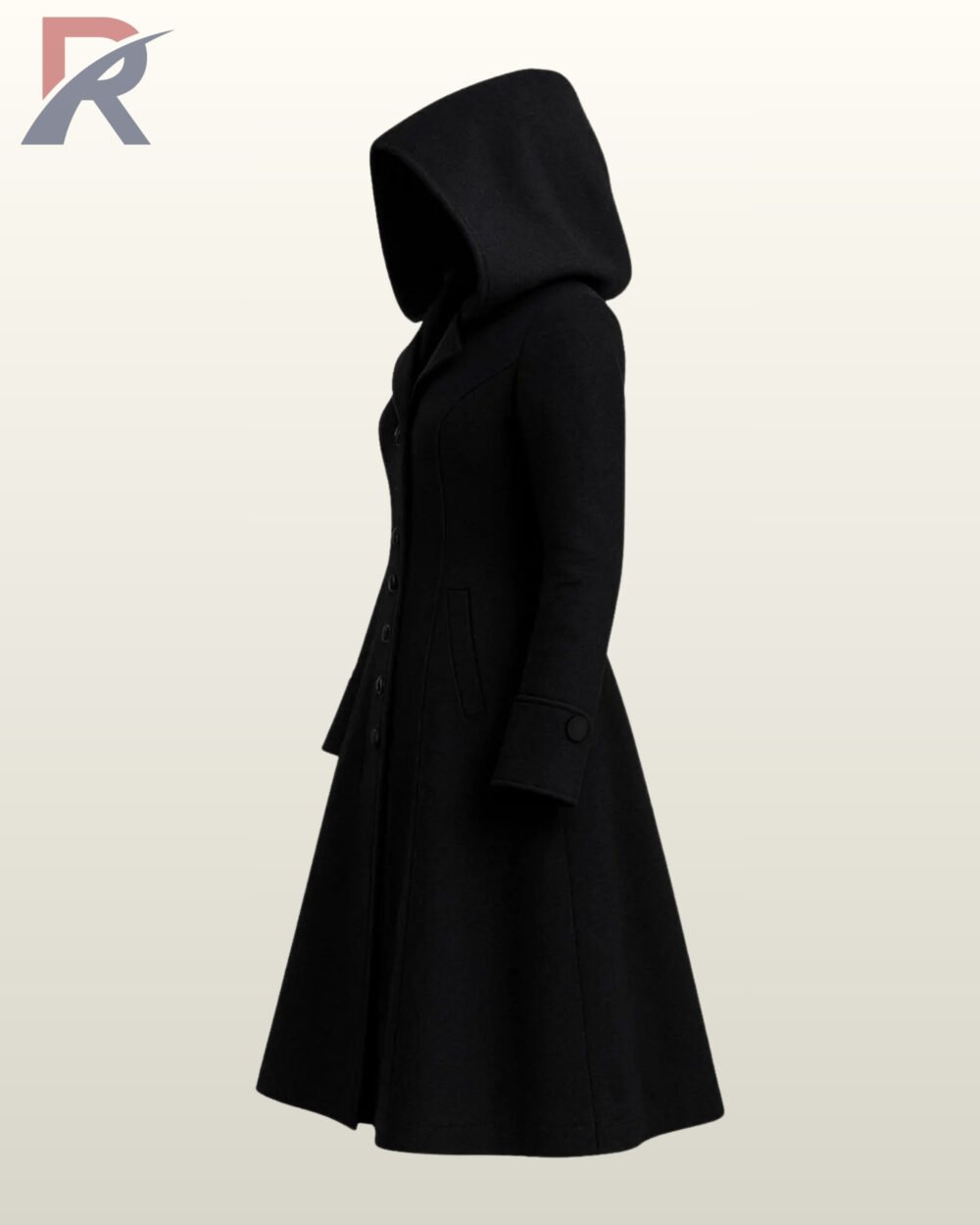 Long black vintage-style flared winter overcoat for women with a classic smooth hemline.