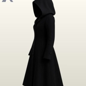 Long black vintage-style flared winter overcoat for women with a classic smooth hemline.