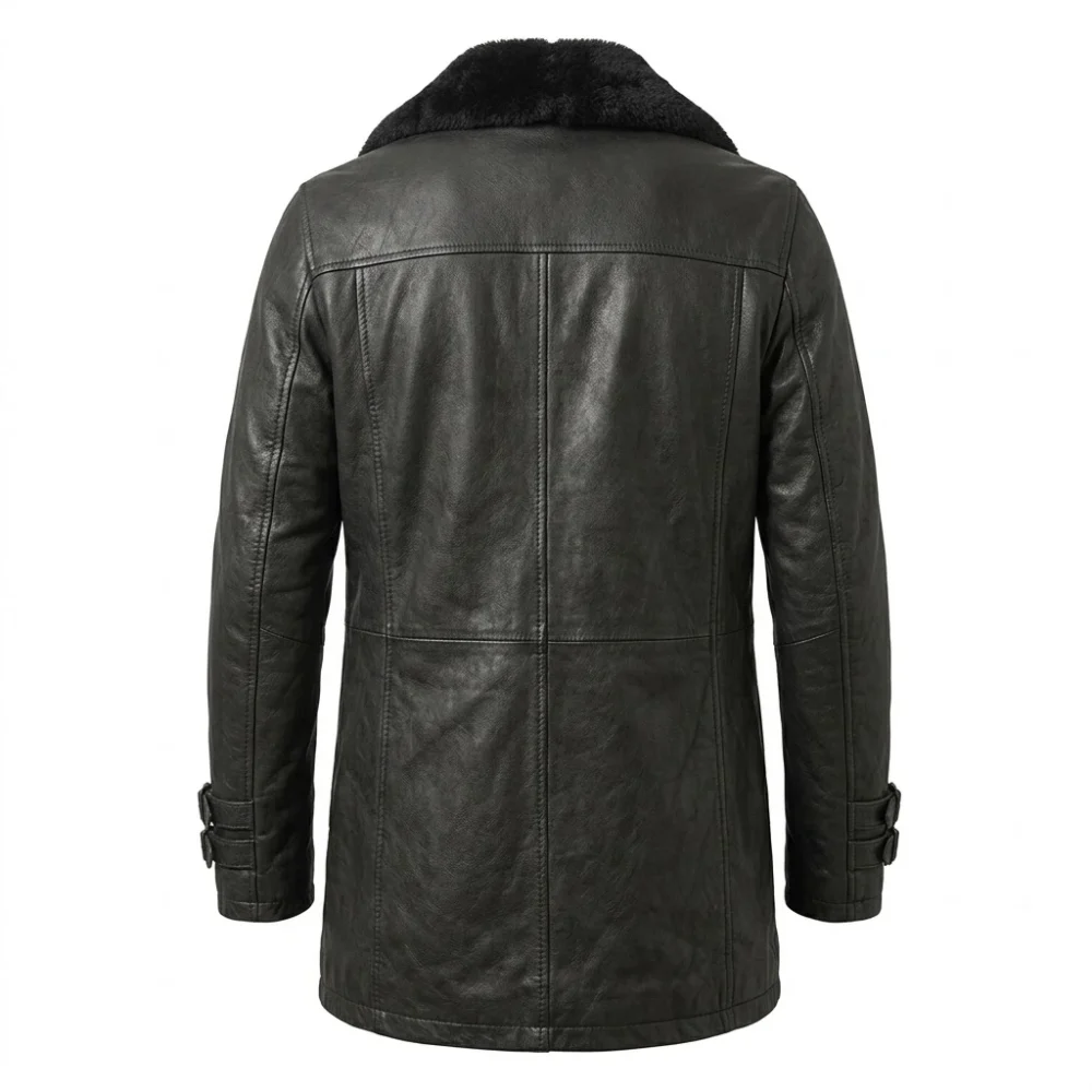 Men’s Distressed Black Leather Coat with Faux Fur Collar