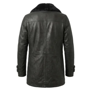 Men’s Distressed Black Leather Coat with Faux Fur Collar
